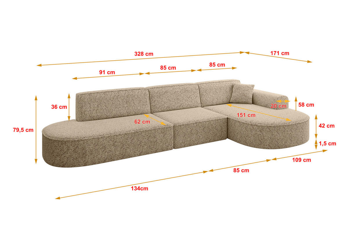 ECKSOFA Ottomane Rechts MARI-L2 - 328x171x79 cm Braun Tissu - Schwarz/Braun, Holzwerkstoff/Kunststoff (171/328cm) - ALTDECOR