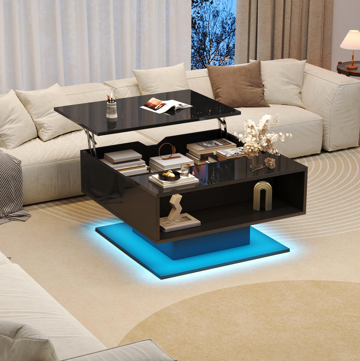 COUCHTISCH 80/75/40 cm schwarz aus Spanplatte mit LED und Stauraum - Schwarz, Holzwerkstoff (80/75/40cm) - OKMYHOME