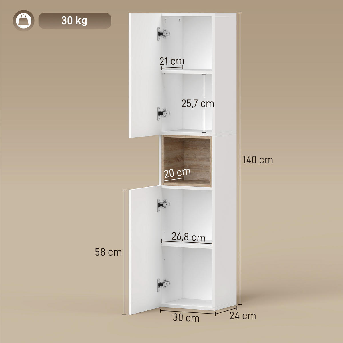 BADEZIMMERSCHRANK aus MDF 30/24/140 cm Weiß - Weiß, Holzwerkstoff (24/140/30cm) - HOMCOM