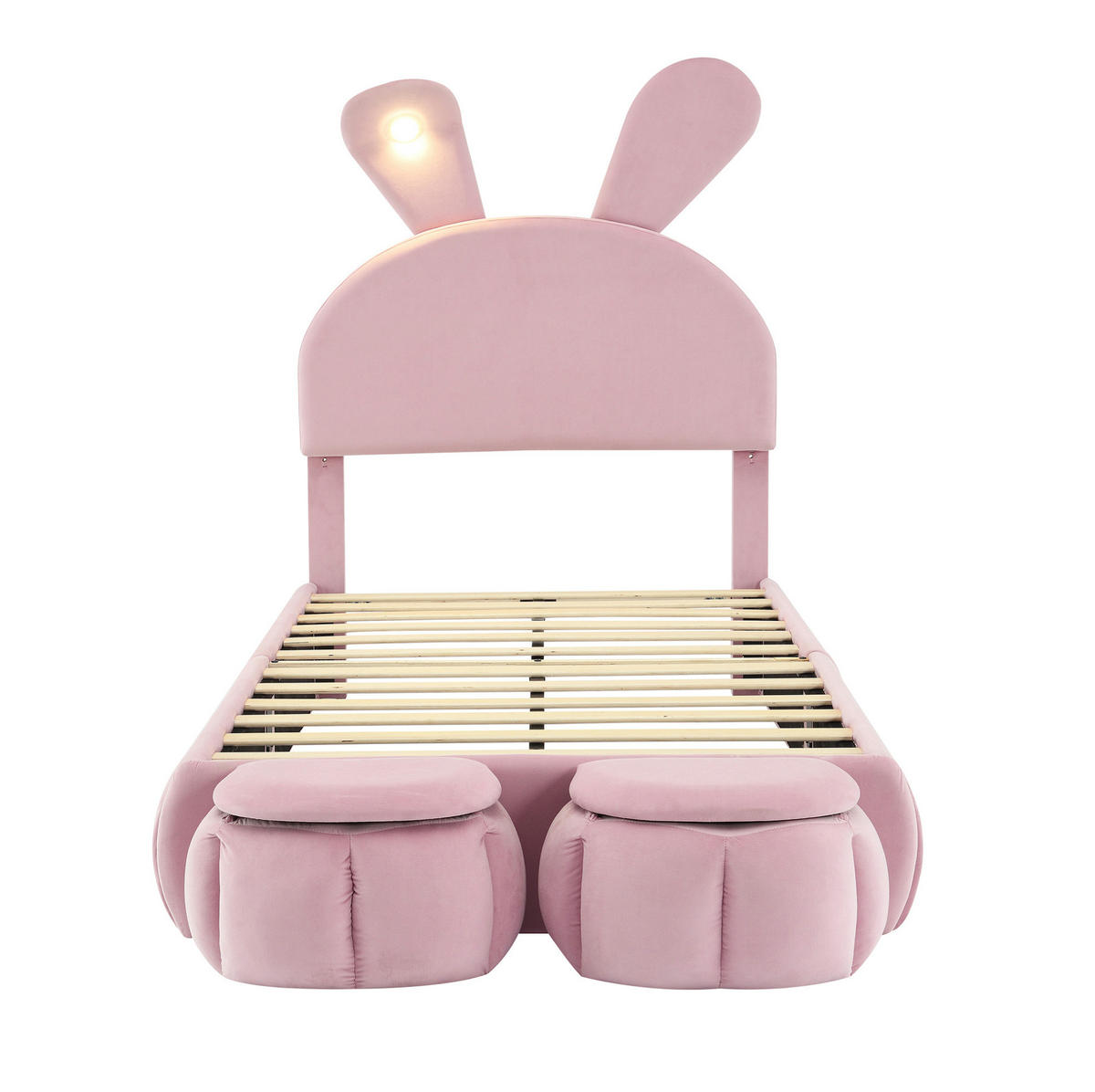 POLSTERBETT 90/200 cm Rosa Hasenohren mit LED-Beleuchtung und Aufbewahrungshockern - Rosa, Textil (90/200cm) - OKWISH