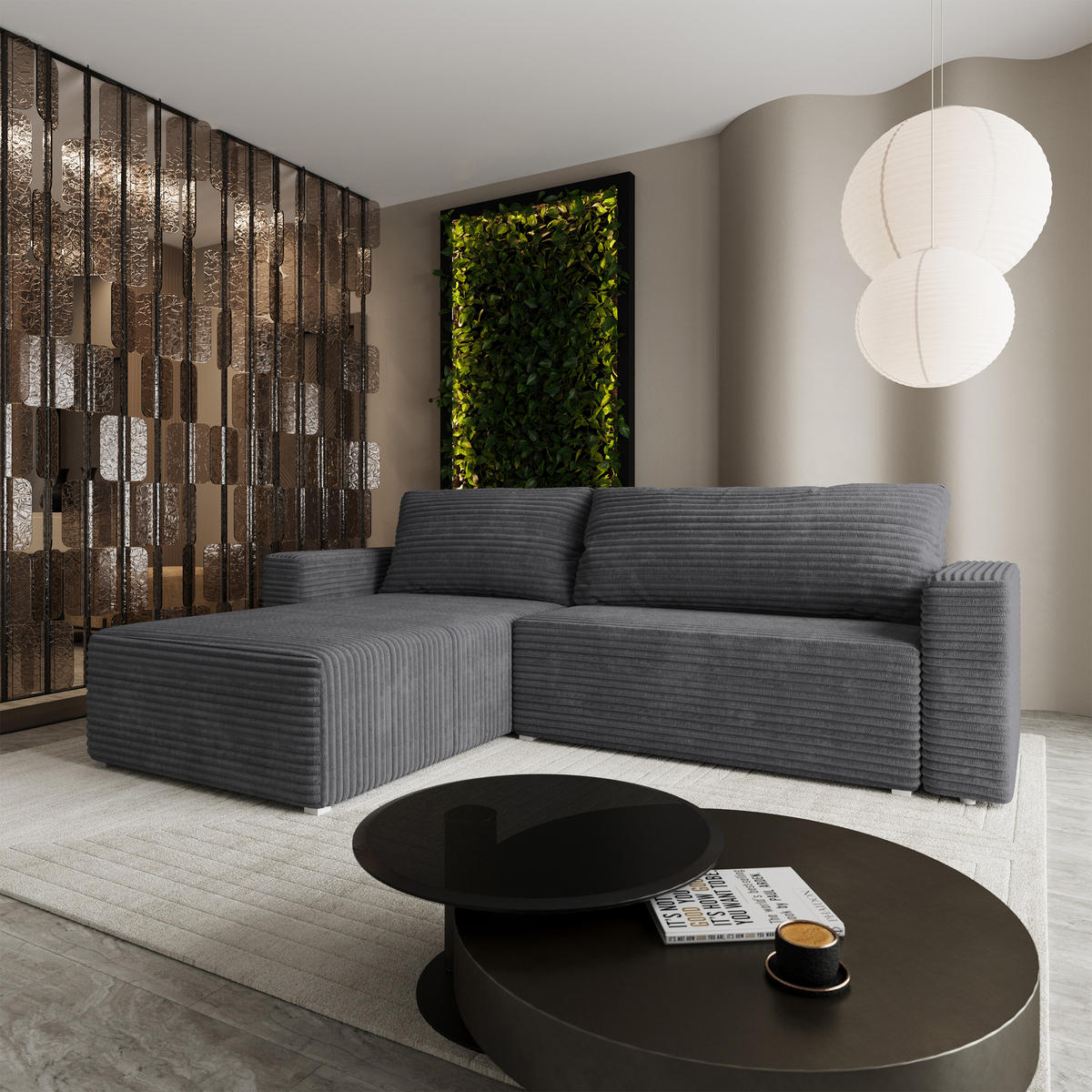 ECKSOFA CALTI T Grau Kordstoff mit Schlaffunktion - Grau, Holzwerkstoff/Textil (283/183cm) - MASSENO