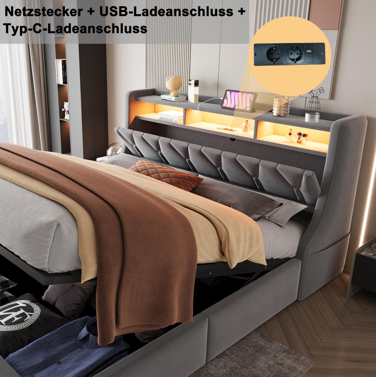 POLSTERBETT 180/200 cm Grau aus Samt mit Bettkasten, LED-Beleuchtung und USB - Grau, Textil (180/200cm) - Flora Grace