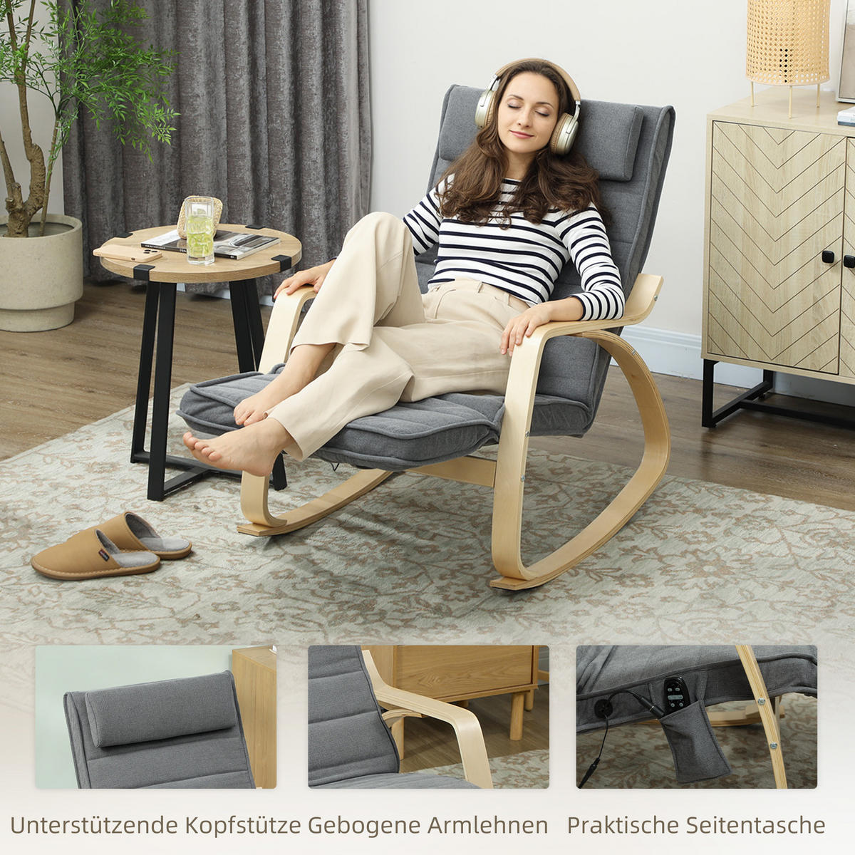 SCHAUKELSTUHL Schaukelsessel mit Massagefunktion, Kopfstütze, Fußstütze, Grau - Naturfarben/Grau, Holz/Textil (67/92/106cm) - HOMCOM