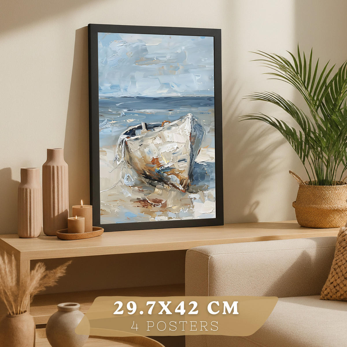 PLAKAT Sada 3 tisků s motivy pláže, moře, vlaštovky a západu slunce. Nástěnná dekorace. Přímořská scenérie. Velikost Černý rám A3 - černá, papír (29.7/42/3cm) - Nacnic
