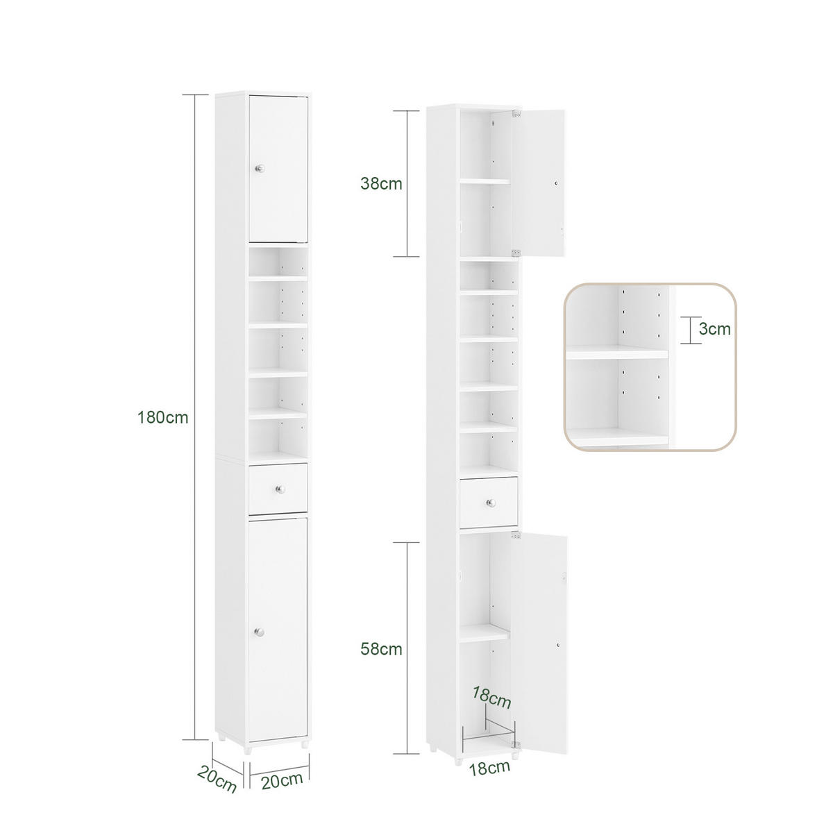 HOCHSCHRANK Schmal, Weiß, 20x180x20cm - Weiß, Holzwerkstoff (20/180/20cm) - SoBuy
