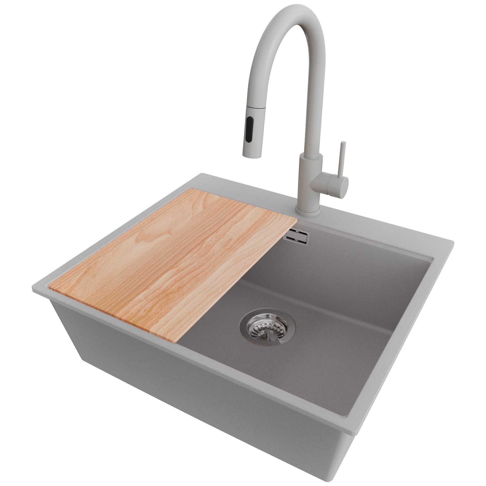 GRANITSPÜLE Oslo, 2-er set Grau 58/50 cm 1 Becken + Küchenarmatur 40/20 cm + Ablauf-Set + Schneidebrett ab 60er Unterschrank - Chromfarben/Beige, Kunststoff (58/20/50cm) - Primagran