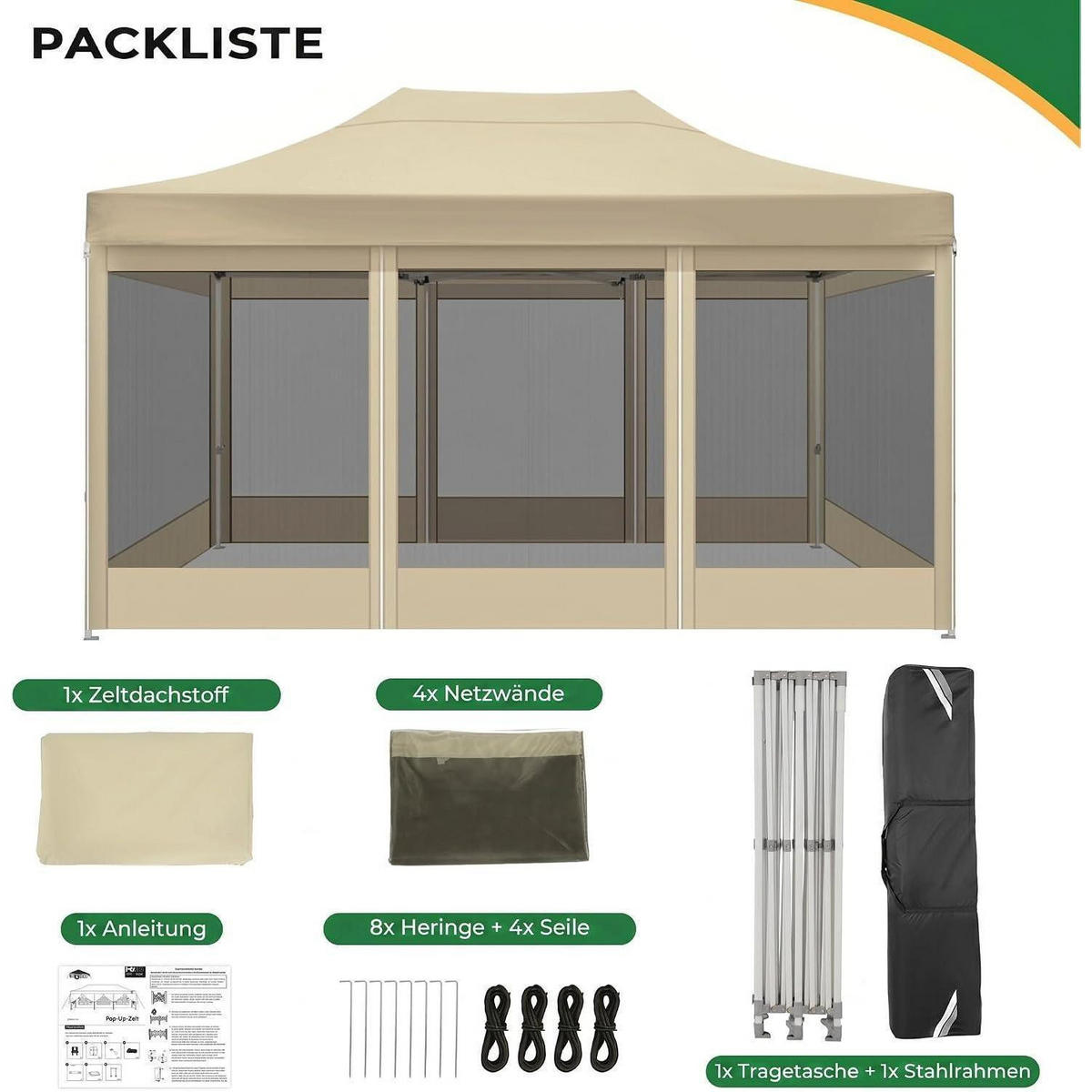 FALTPAVILLON 3 x 4,5 m Khaki Wasserdicht mit Moskitonetz - Olivgrün, Textil (300/335/450cm)
