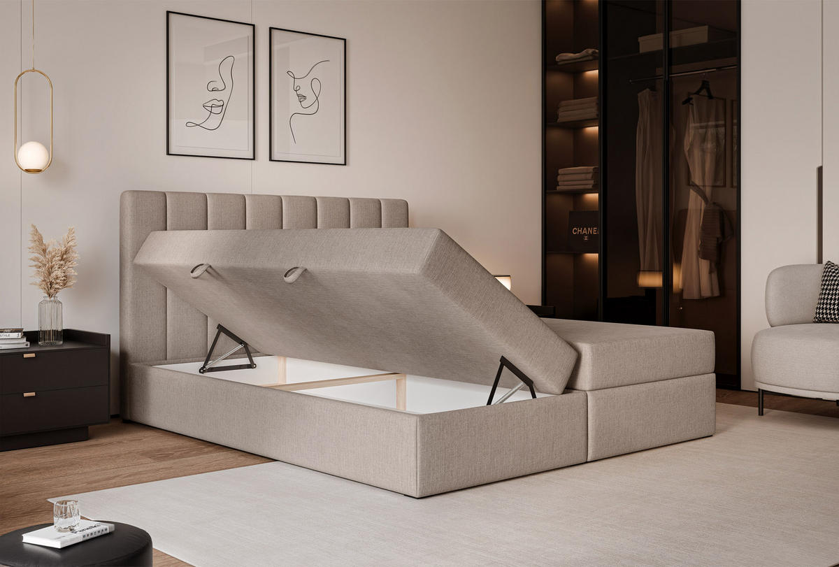 BOXBETT LEO 200/200 cm mit Matratze und Topper, Cappuccino - Schwarz/Cappuccino, Holzwerkstoff/Kunststoff (200/200cm) - Idohome