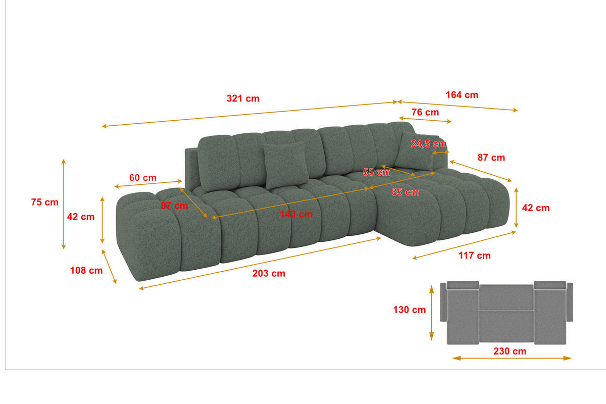 ECKSOFA mit Schlaffunktion Ottomane RECHTS OLEA-L2 321x164x75 Grün Tissu - Waldgrün/Schwarz, Holzwerkstoff/Kunststoff (164/321cm) - ALTDECOR