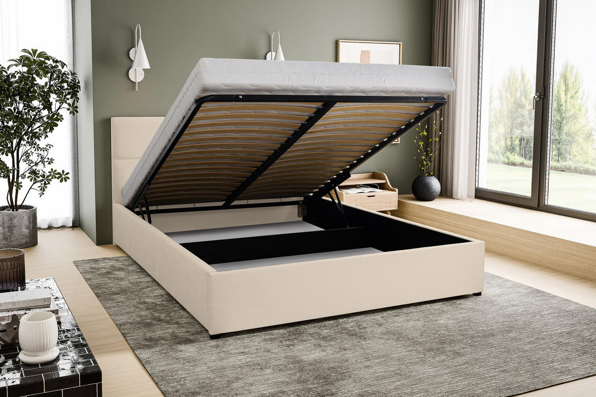POLSTERBETT BETTY mit Kopfteil, 160 x200 cm, Doppelbett mit Bettkasten und Lattenrost aus Velourstoff, Velourstoff, Frabe: Beige - Beige, Holz/Kunststoff (160/200cm) - VENASI MÖBEL