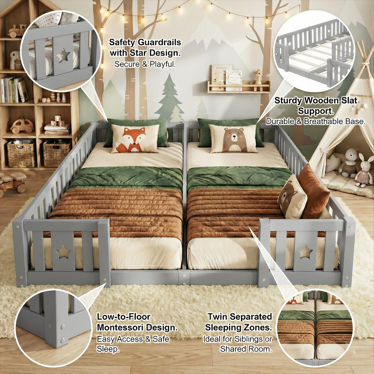 MONTESSORIBETT Klassisch mit Lattenrost & Sterne-Zaun 2x 90/200 cm Kiefer-Massivholz Grau - Grau, Holz (180/200cm) - Creahappy