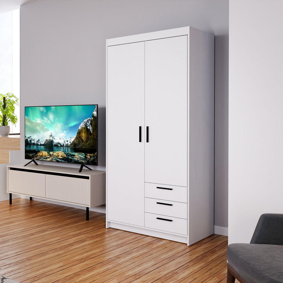 DREHTÜRENSCHRANK ELENORA 89,7/190,5/53cm 2-türig Weiß - Weiß, Holzwerkstoff (89.7/190.5/53cm) - MASSENO