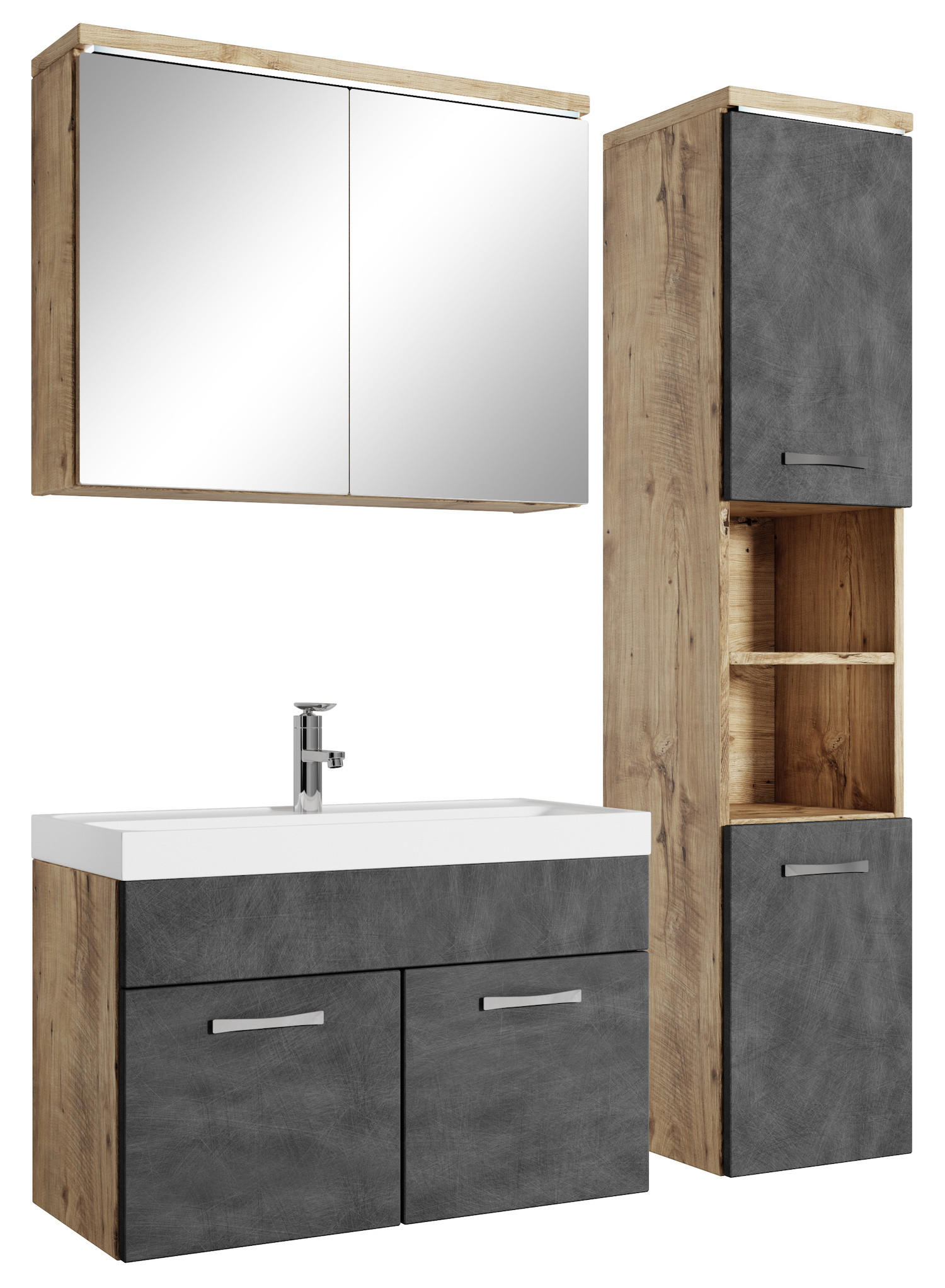 BADMÖBEL-SET Paso LED 4 Teile Kastanien Eiche / Grau - 80 x 35 x 55 cm - Eichefarben/Grau, Holz (80/55/40cm) - Badplaats