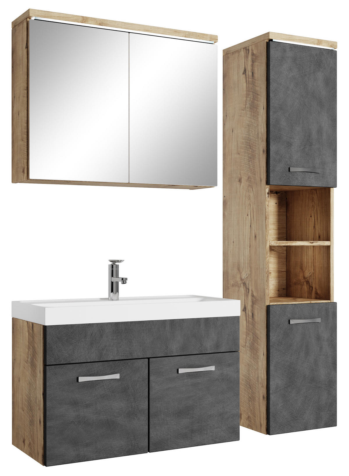 BADMÖBEL-SET Paso LED 4 Teile Kastanien Eiche / Grau - 80 x 35 x 55 cm - Eichefarben/Grau, Holz (80/55/40cm) - Badplaats