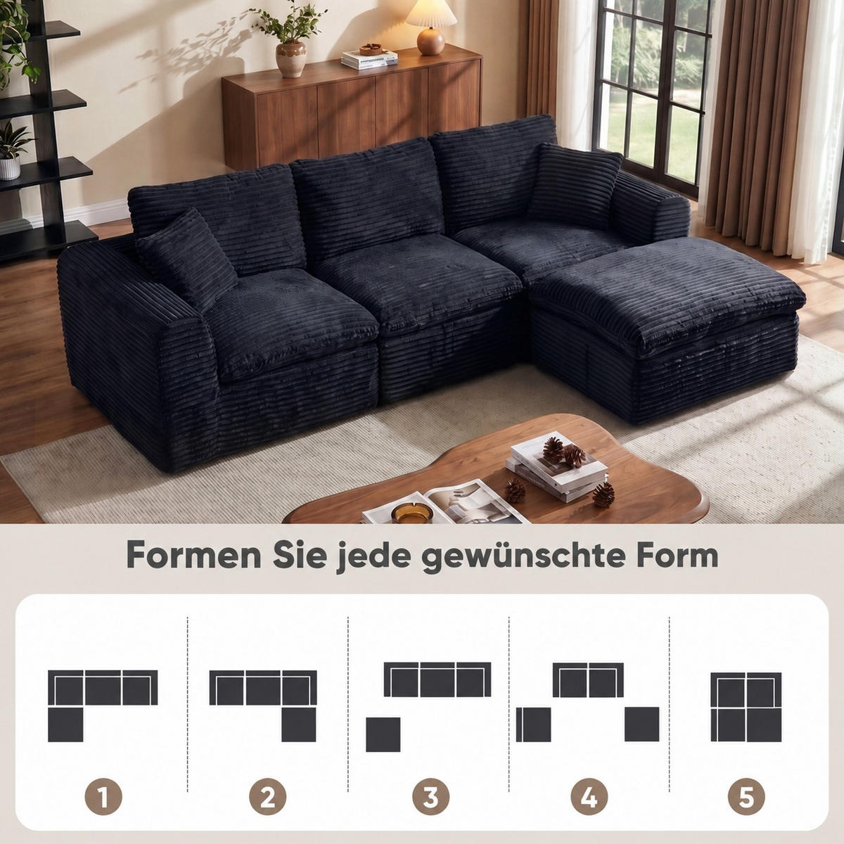 ECKSOFA 280/180/65 cm Bleu-noir Cord mit 1 Fußhocker - Multicolor, Textil (180/280cm) - Oxeza