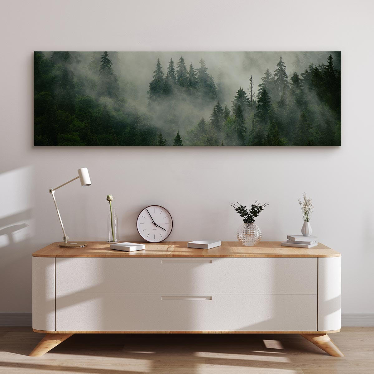 PANORAMABILD Wald im Nebel Bäume Natur 3D 145x45 cm - Grün, Textil (145/45cm) - Muralo