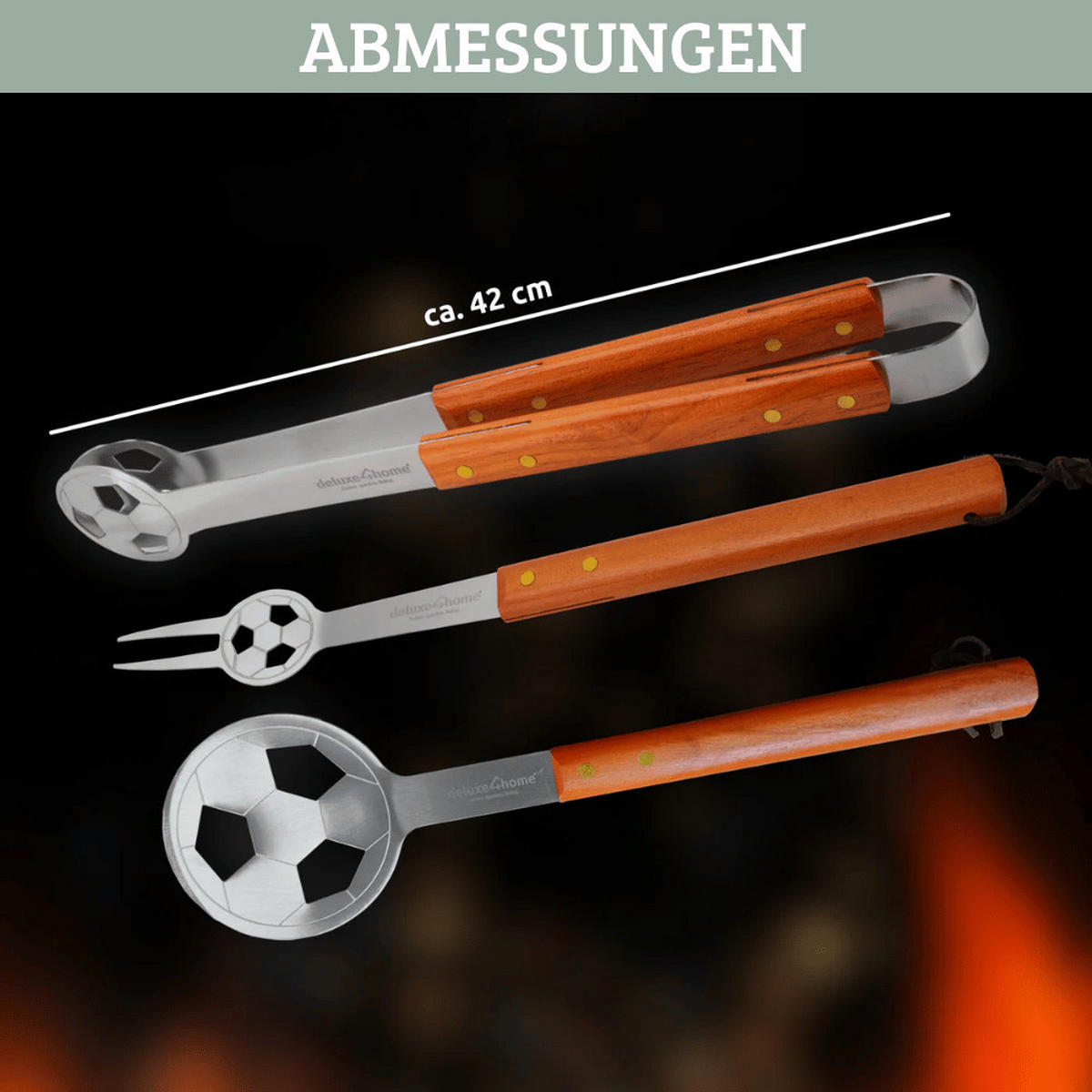 GRILLBESTECK Set SOCCA Grillset für Männer Geschenk - Silberfarben, Metall (50cm) - DELUKE