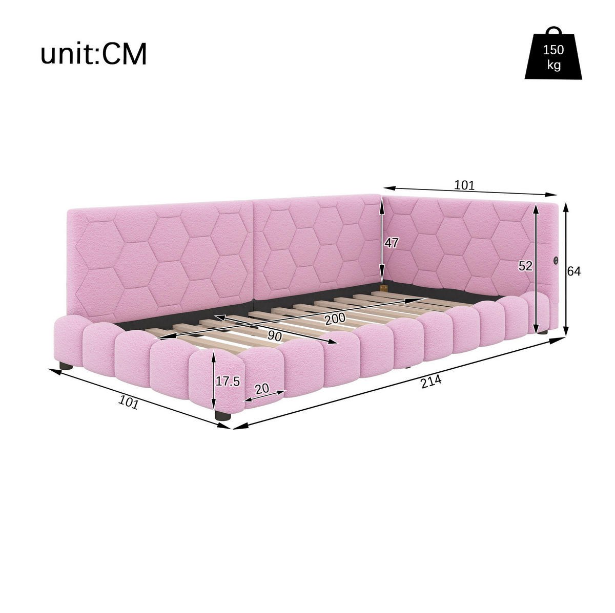 DĚTSKÁ postel 90/200 cm růžová z MDF a sametu s LED osvětlením, USB a USB-C - růžová, textil (90/200cm) - OKWISH