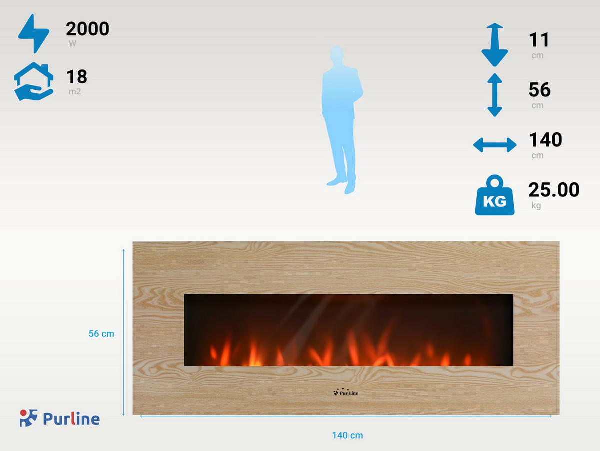 ELEKTROKAMIN Hellbraun Wandmodell mit Heizung 2000 W - Hellbraun, Glas (140/56/11cm) - Purline
