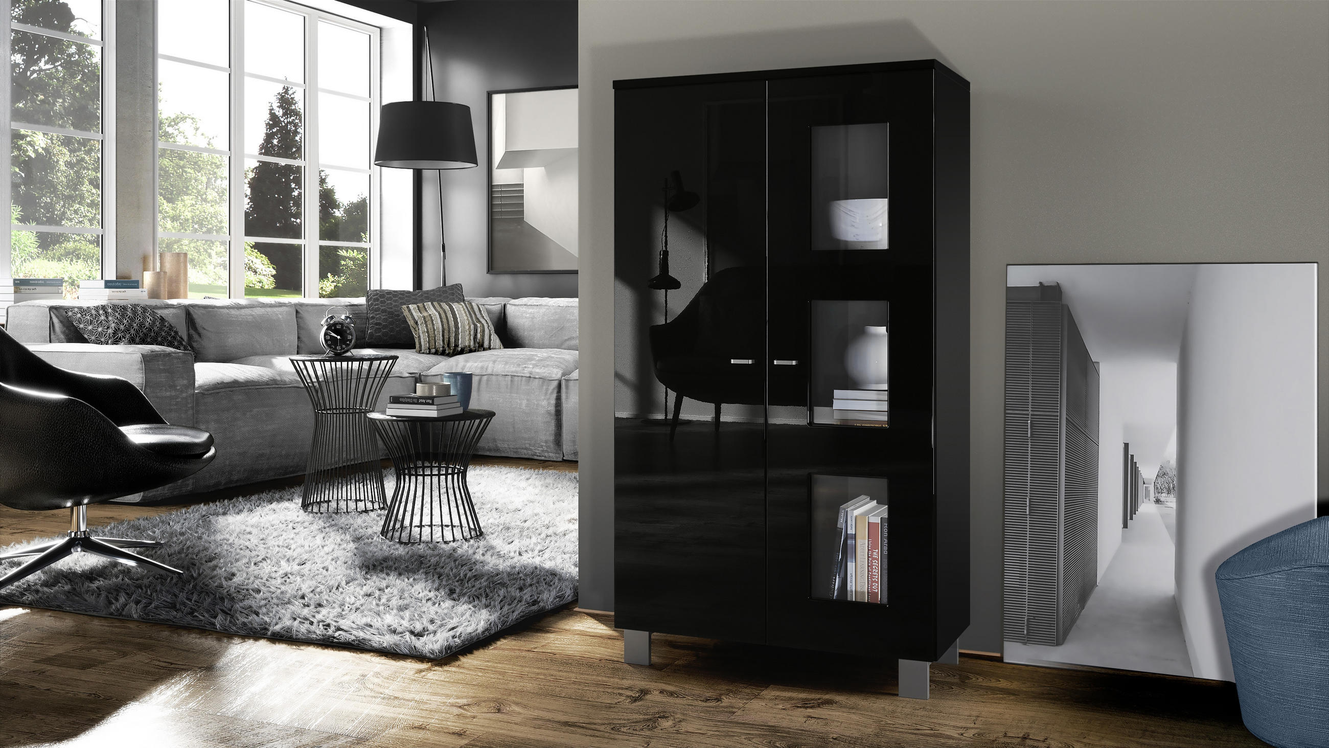 VITRINE Denjo Tür in Schwarz Hochglanz - Schwarz Hochglanz, Holzwerkstoff (71/129/35cm) - Vladon