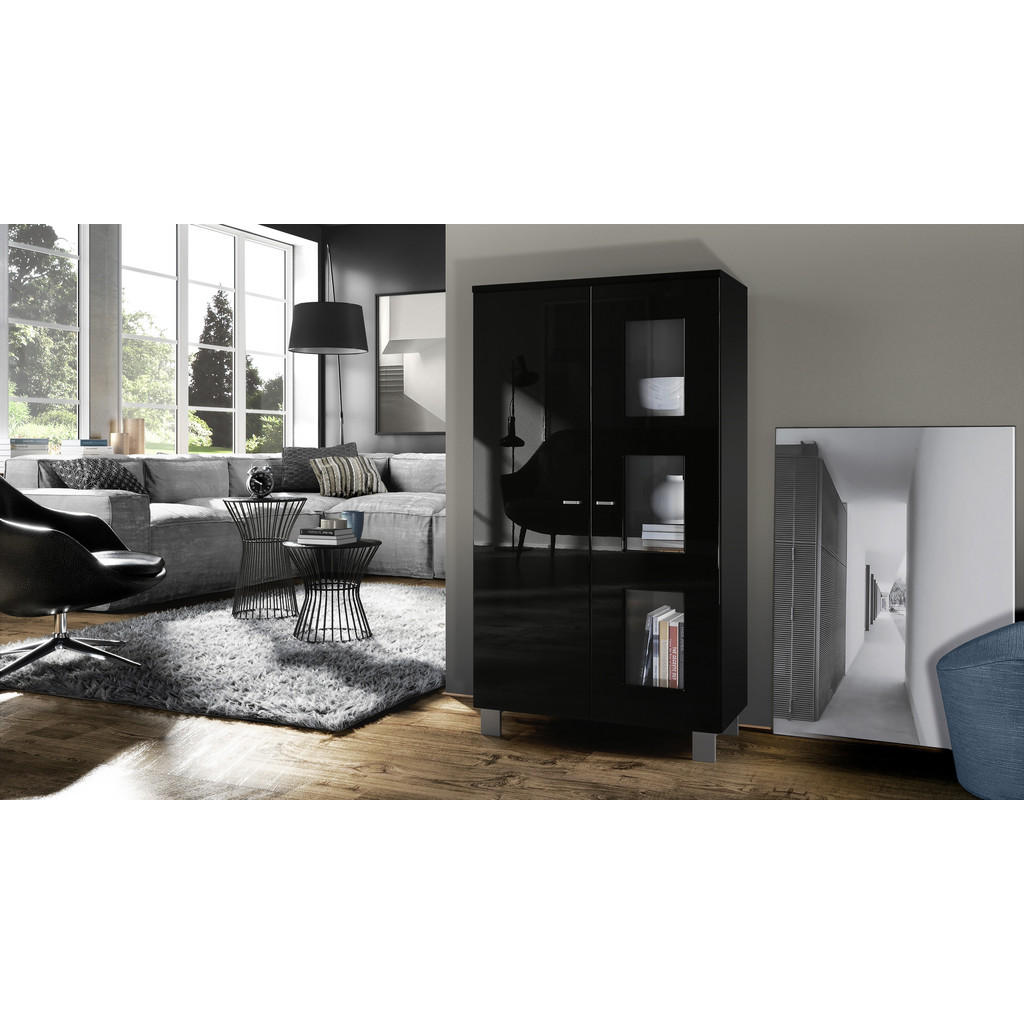 Thumbnail - Vladon Vitrine, Schwarz Hochglanz, Holzwerkstoff, 71x129x35 cm, Wohnzimmer, Wohnwände, Vitrinenschränke