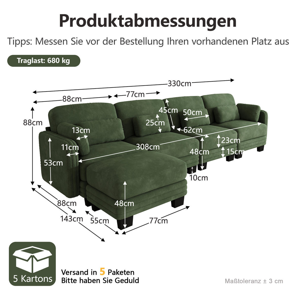 ECKSOFA 4-Sitzer L-Form mit Ottomane, DE-42686, Grün - Grün, Holz (330/143cm) - ComfortXL