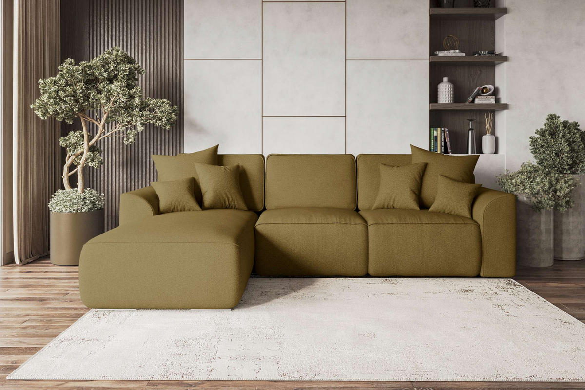 ECKSOFA GUSTO Strukturstoff Olivgrün Links inkl. Schlaffunktion - Chromfarben/Olivgrün, Kunststoff/Textil (194/295cm) - 99rooms