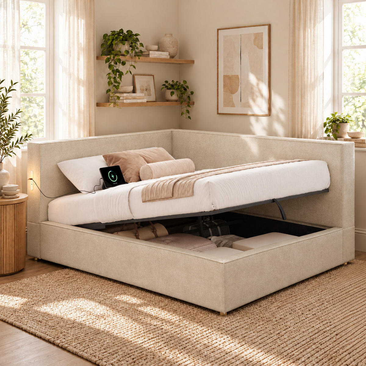 DAYBETT 140x190 cm, Beige, Chenille, LED, USB/Typ-C - Beige, Textil (140/200cm) - FLIEKS