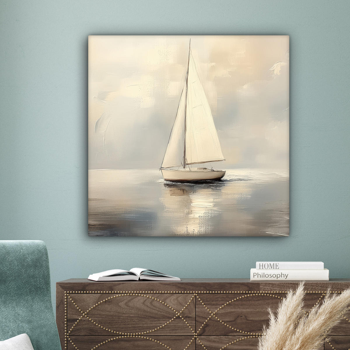 LEINWANDBILD Segelschiff - Meer - Bewölkt Deko Groß 90x90 cm - Creme, Textil (90/90cm) - MuchoWow