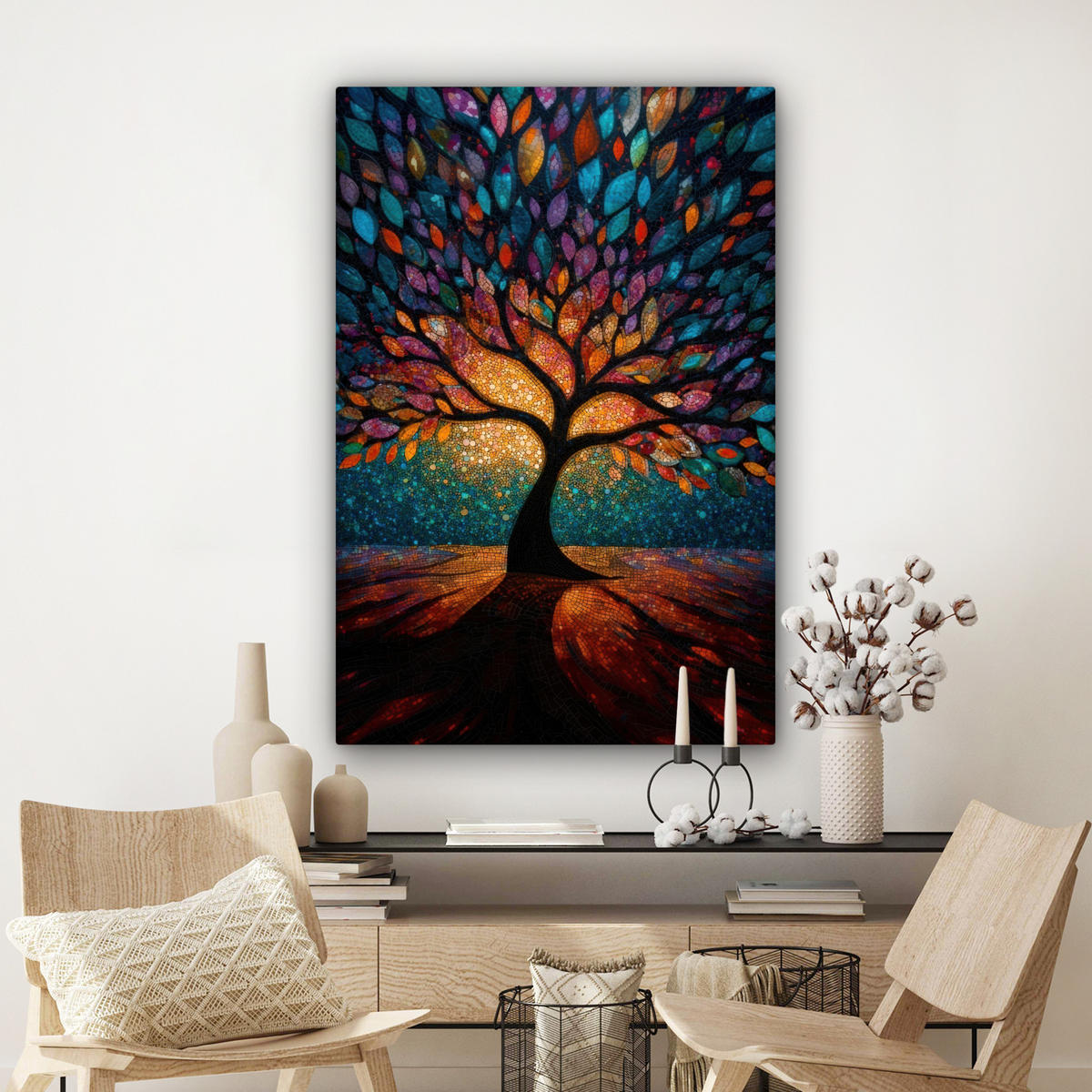 LEINWANDBILD Mosaik - Bunt - Baum - Äste Deko XXL 80x120 cm - Multicolor, Textil (80/120cm) - MuchoWow