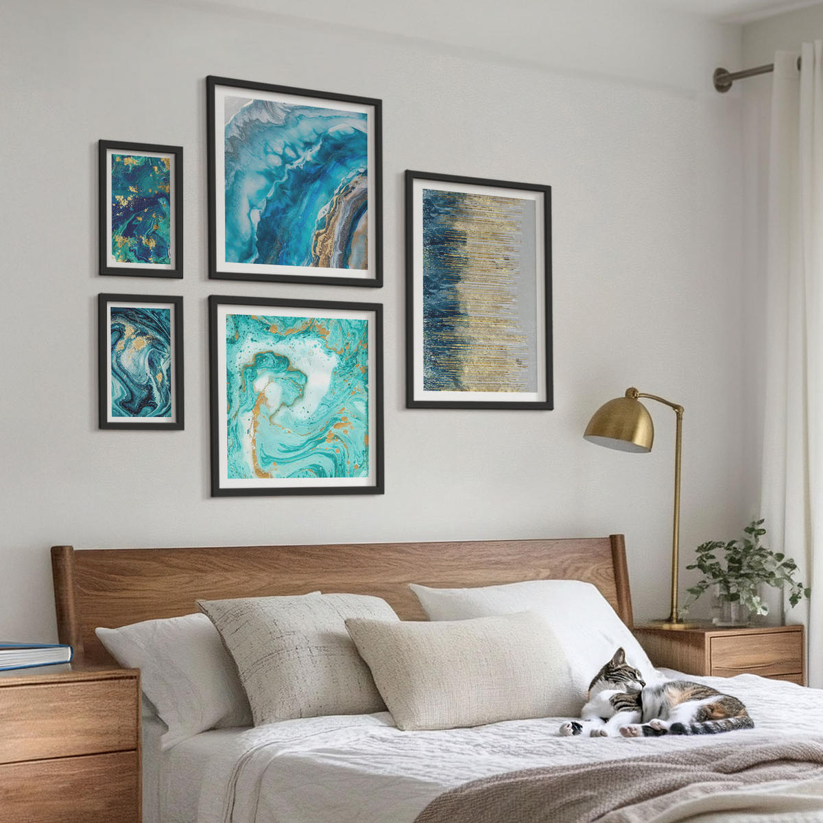 BILDER SET 5er Set - 50x50 cm & 20x30 cm & 40x60 cm Schwarzer Rahmen - Wilde Landschaften, Berge, Hirsche - Schwarz, Kunststoff (40/60cm) - TULUP
