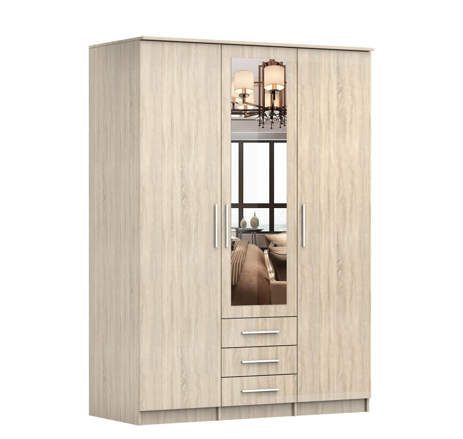 DREHTÜRENSCHRANK150/207/57/61CM Szantal 3D Sonoma/Sonoma - Alufarben/Sonoma Eiche, Glas/Holzwerkstoff (150/210/64cm) - imoebel24