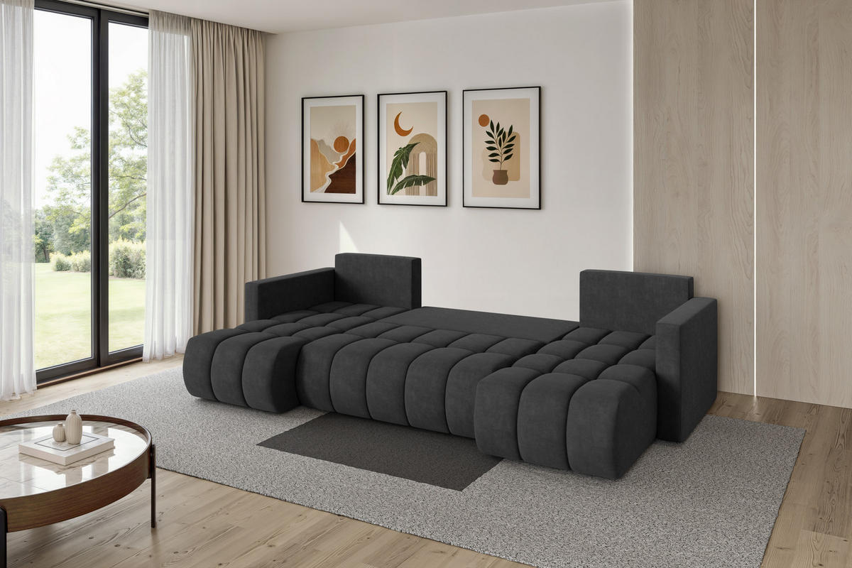 SEDACÍ SOUPRAVA DO U s funkcí spaní a úložným prostorem GARD-U 300x146x85 tmavě šedá velur - černá/antracitová, kompozitní dřevo/textil (300/85/146cm) - ALTDECOR
