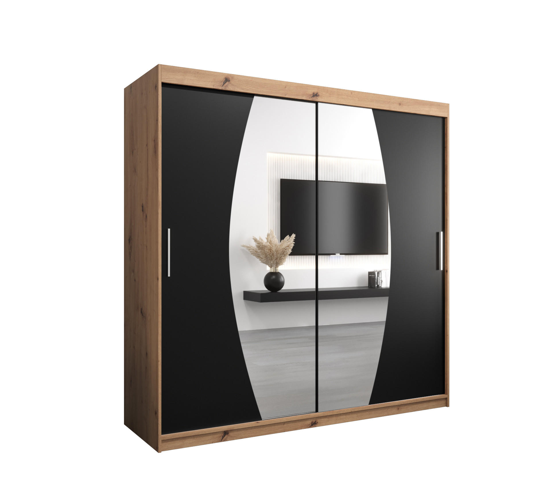 Abiks Möbel Schwebetürenschrank Eiche Artisan, Schwarz 200x200x62 cm