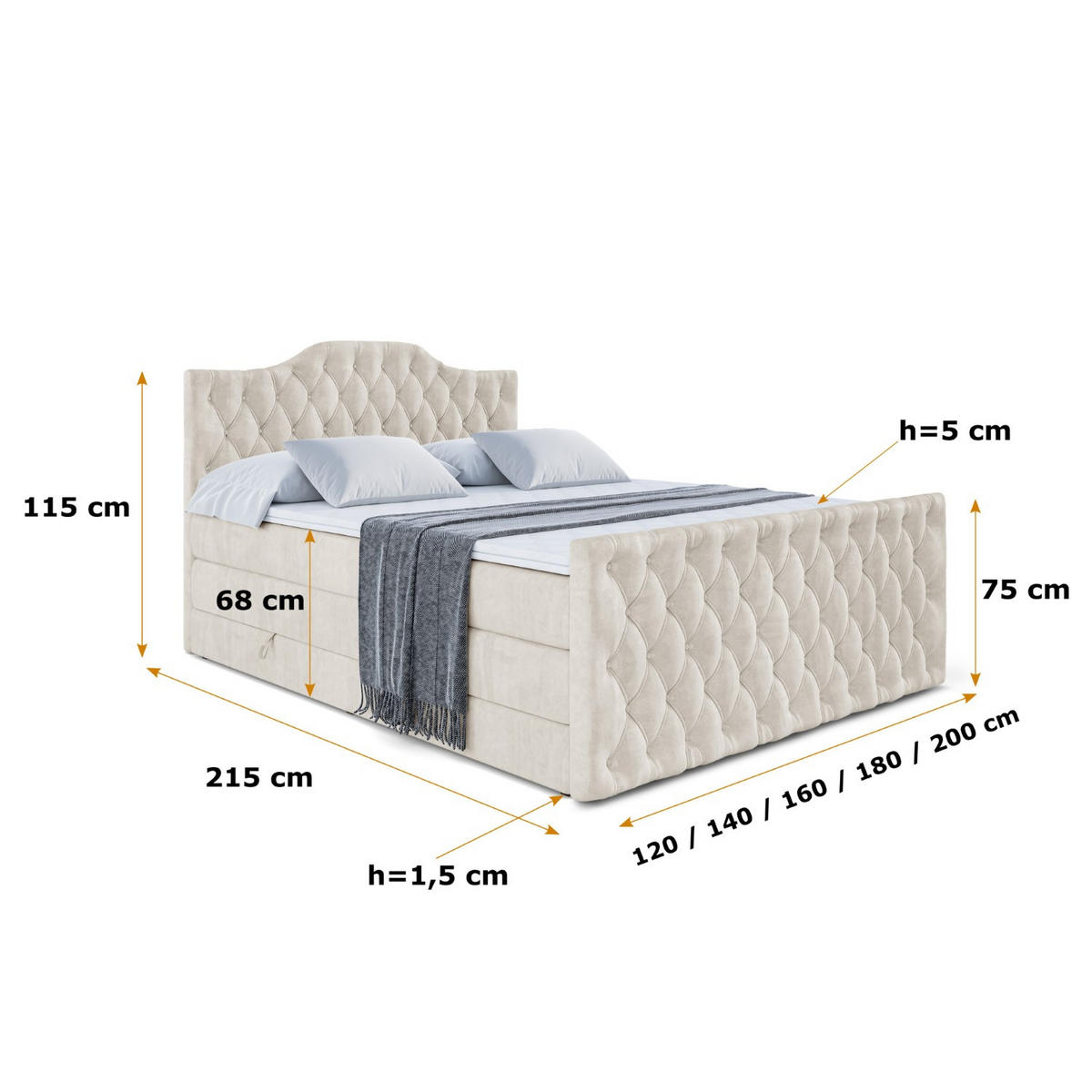 BOXSPRINGBETT VILA-1-Z KING - 120x200 - H3/H4 - Creme - Creme, Holzwerkstoff (120/200cm) - ALTDECOR