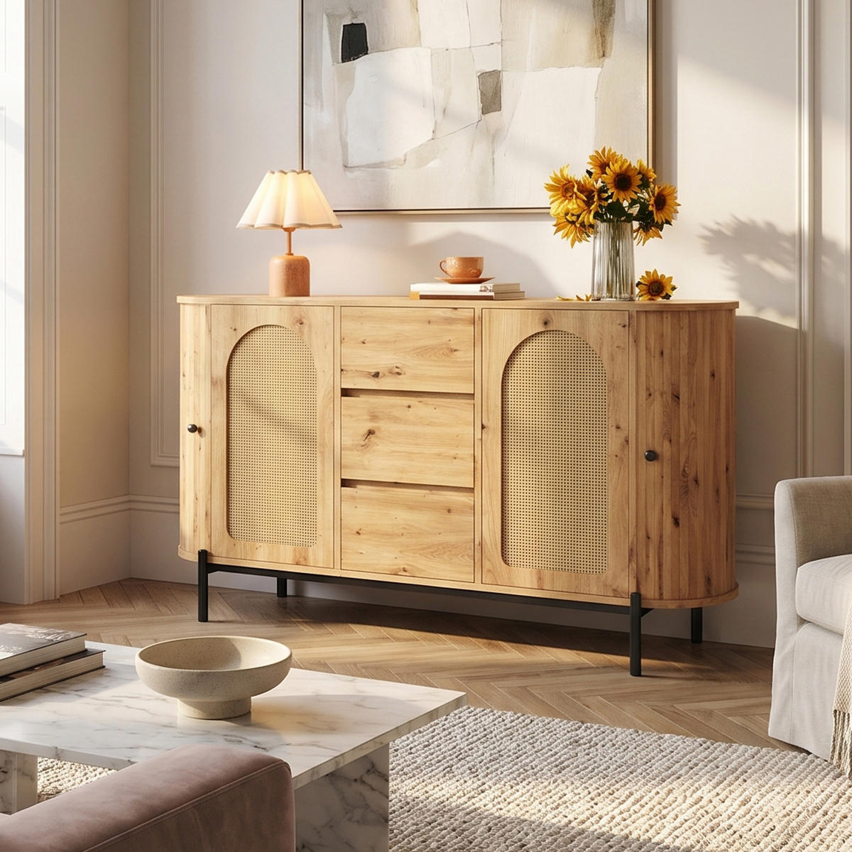 SIDEBOARD in Holzoptik mit Rattan, ovale Form und verstellbaren Fächern - Naturfarben, Holzwerkstoff (140/77.5/38cm) - Urban Meuble