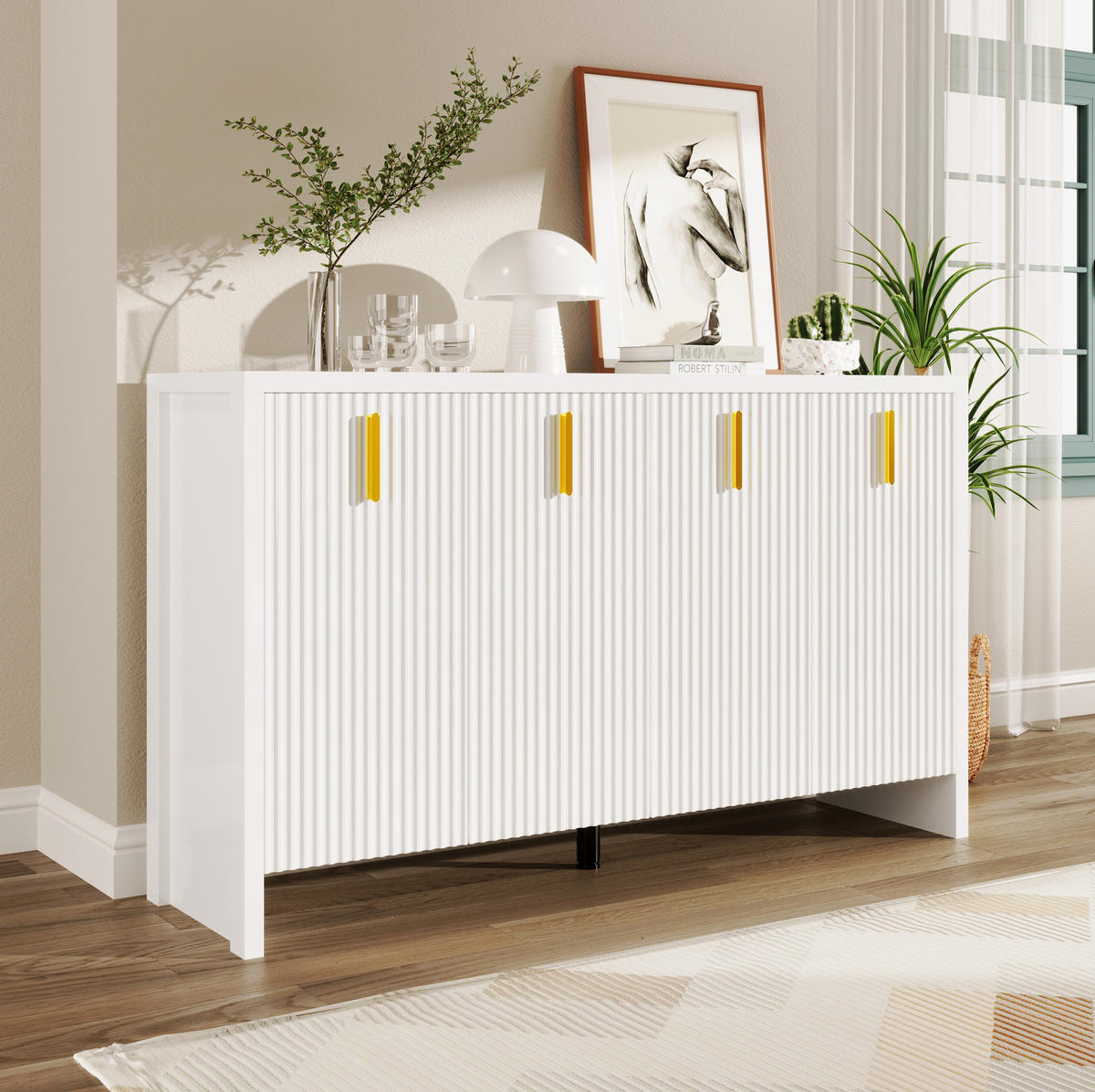 SIDEBOARD 140/38/80 cm in Weiß mit 4 Türen & goldfarbenen Griffen - Weiß, Holzwerkstoff (140/80/38cm) - BEAOK