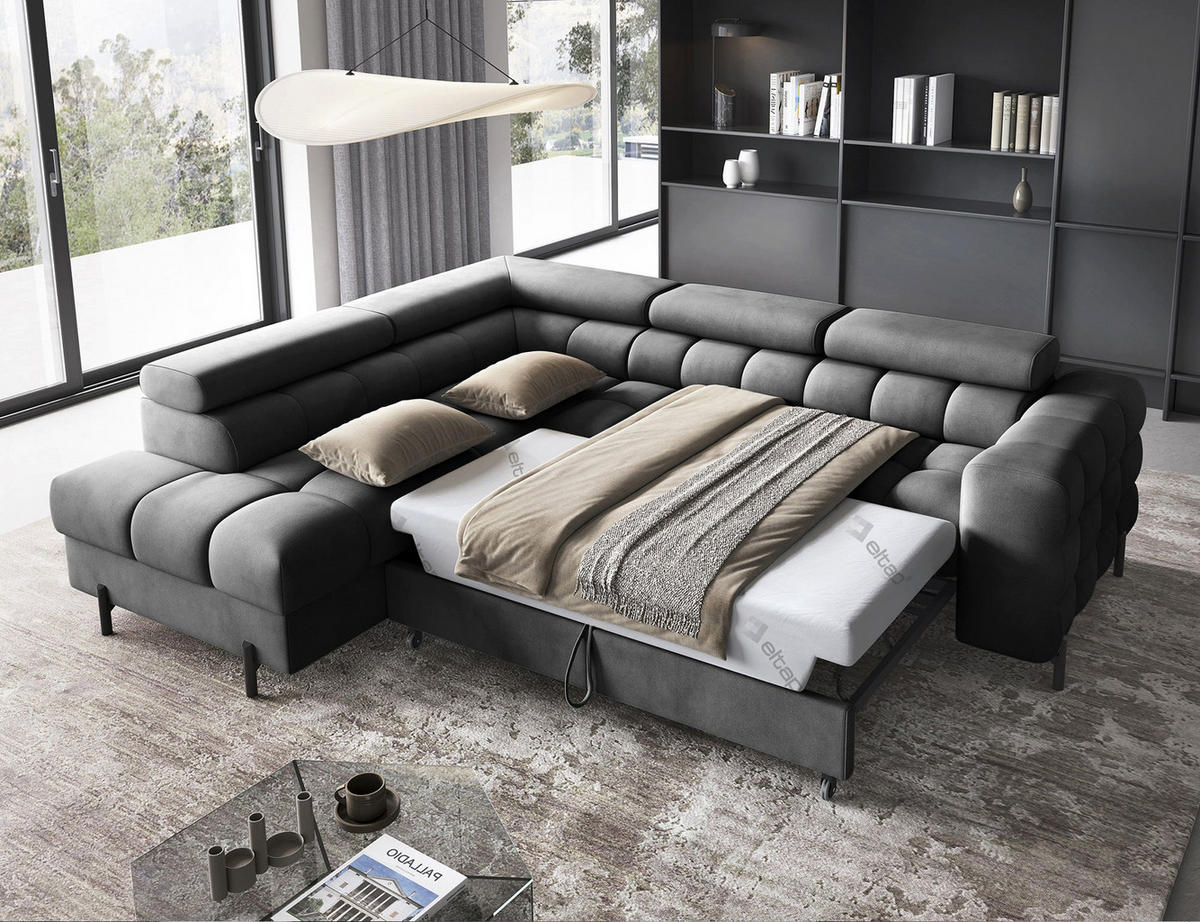 ECKSOFA FERUCCE L-Form – Polsterecke mit Schlaffunktion, Bettkasten & verstellbaren Kopfstützen 276 cm - Anthrazit, Kunststoff (276/200cm)