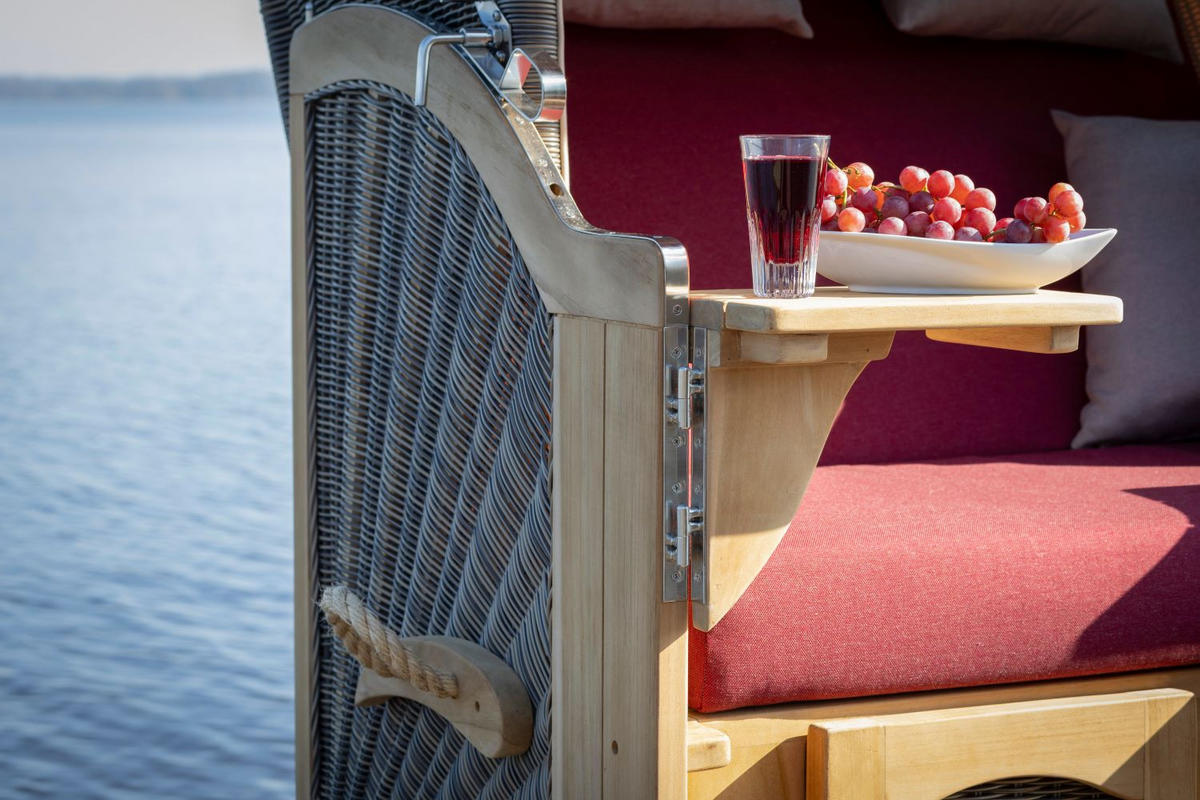 STRANDKORB Komplettset: Ammersee Teak Bullauge - PE grau - Modell 594 - Rot/Grau, Holz/Kunststoff (125/165/80cm) - bene living