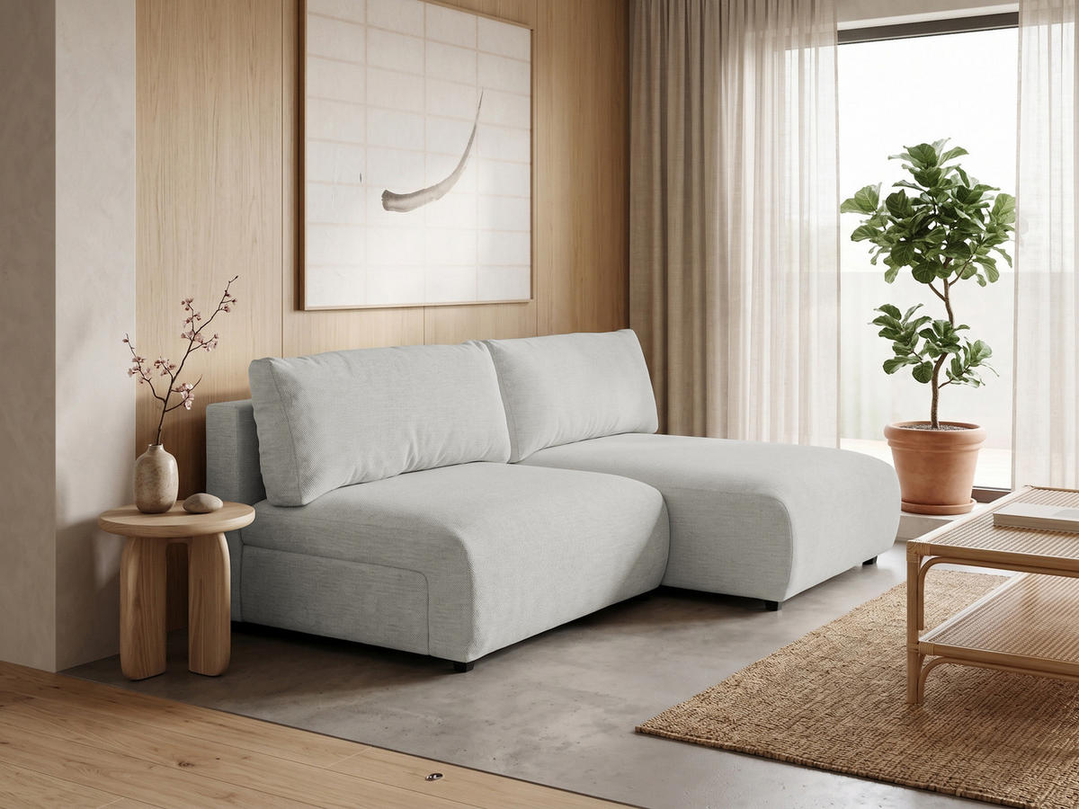 ECKSOFA Sora mit Schlaffunktion, Bettkasten und extra tiefer Komfortzone aus hochwertigem Hellgrau Strukturstoff - Hellgrau/Schwarz, Holz/Kunststoff (200/140cm) - S-Style