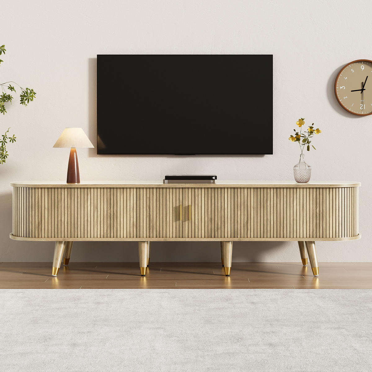 TV Lowboard 2 Schiebetüren, 2 Schubladen, Eiche - Braun, Holz (175/45/38cm)