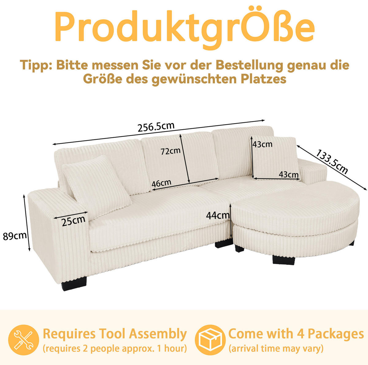 ECKSOFA 256,5/133,5/89 cm beige aus Schaumstoff mit Wechselhocker - Beige, Kunststoff (133.5/256.5cm) - OKWISH