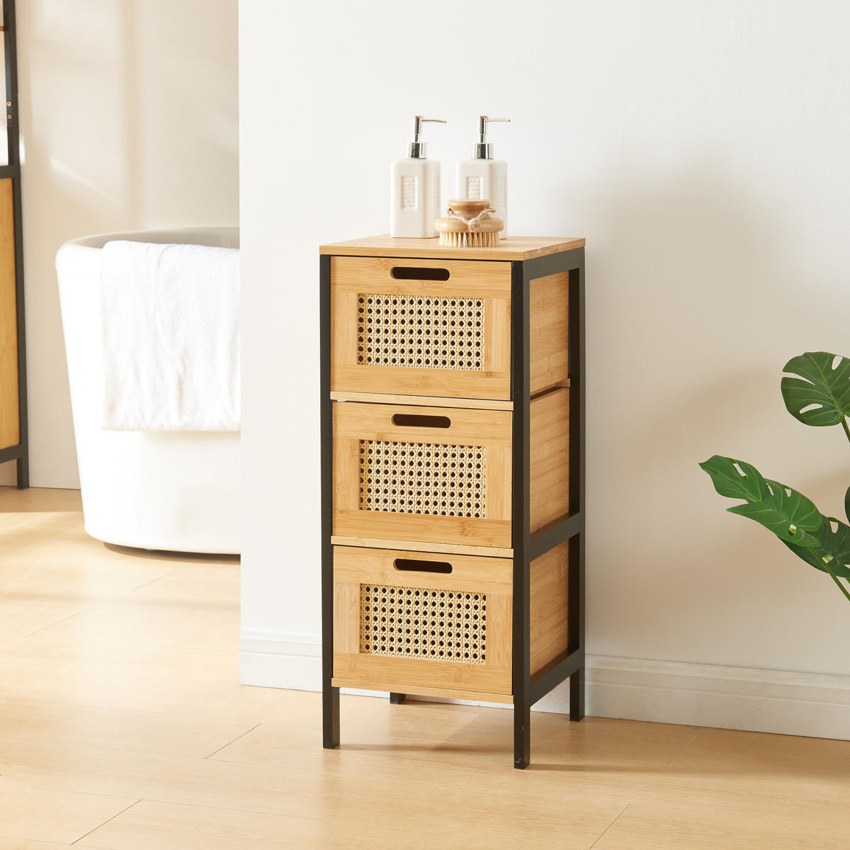 BADKOMMODE Tervola - Schwarz/Naturfarben, Holz (30/72/30cm) - [en.casa]