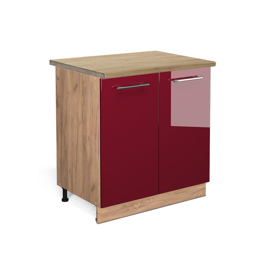 KÜCHENUNTERSCHRANK Fame-Line Bordeaux Hochglanz 80 cm mit Regal, AP Eiche - Bordeaux/Eiche Wotan, Holzwerkstoff (80/82/60cm) - Vicco