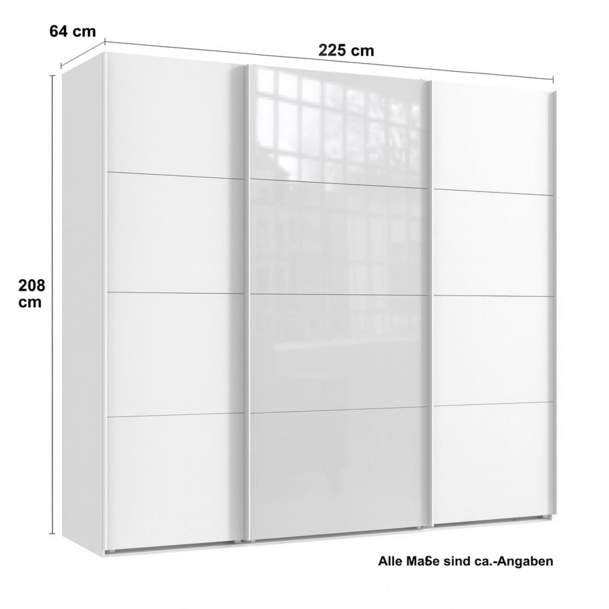 SCHWEBETÜRENSCHRANK 3-türig in Weiß, eine Tür mit Glasfront Weiß, B225/H208/T64 cm / 22521 - Edelstahlfarben/Weiß, Holzwerkstoff/Metall (225/208/64cm) - luma-home