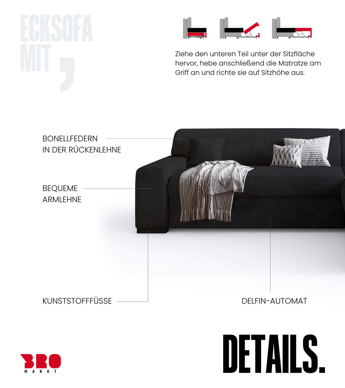 ECKSOFA mit Schlaffunktion Cordstoff MILENZO Schwarz Links - Schwarz, Holz (260/175cm) - Bromarkt