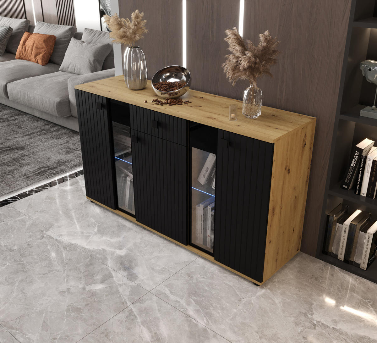 KOMMODE London LSMK LAMELE mit 3 Türen, Sideboard in Farbe: Schwarz|Braun, Größe: 140 x 80 x 40 cm - Schwarz/Braun, Holzwerkstoff (140/80/40cm) - O-Sofa
