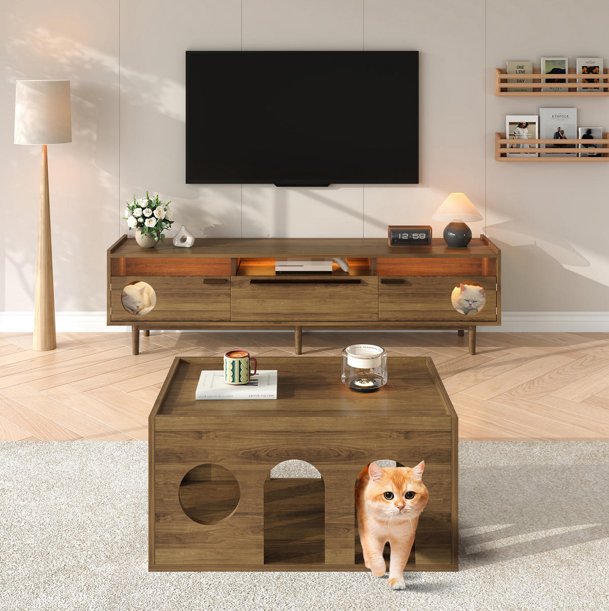 LOWBOARD 180/40/50 cm Walnussfarben aus MDF und gehärtetem Glas mit LED-Beleuchtung und Katzenruheraum - Walnussfarben, Holzwerkstoff (40/50/180cm) - OKMYHOME