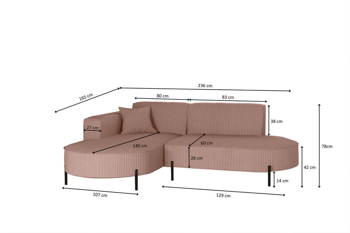ECKSOFA L-Form Designer Modena Rein stoff Cord Rosa Links - Rosa, Holzwerkstoff (165/236cm) - Kaiser Möbel