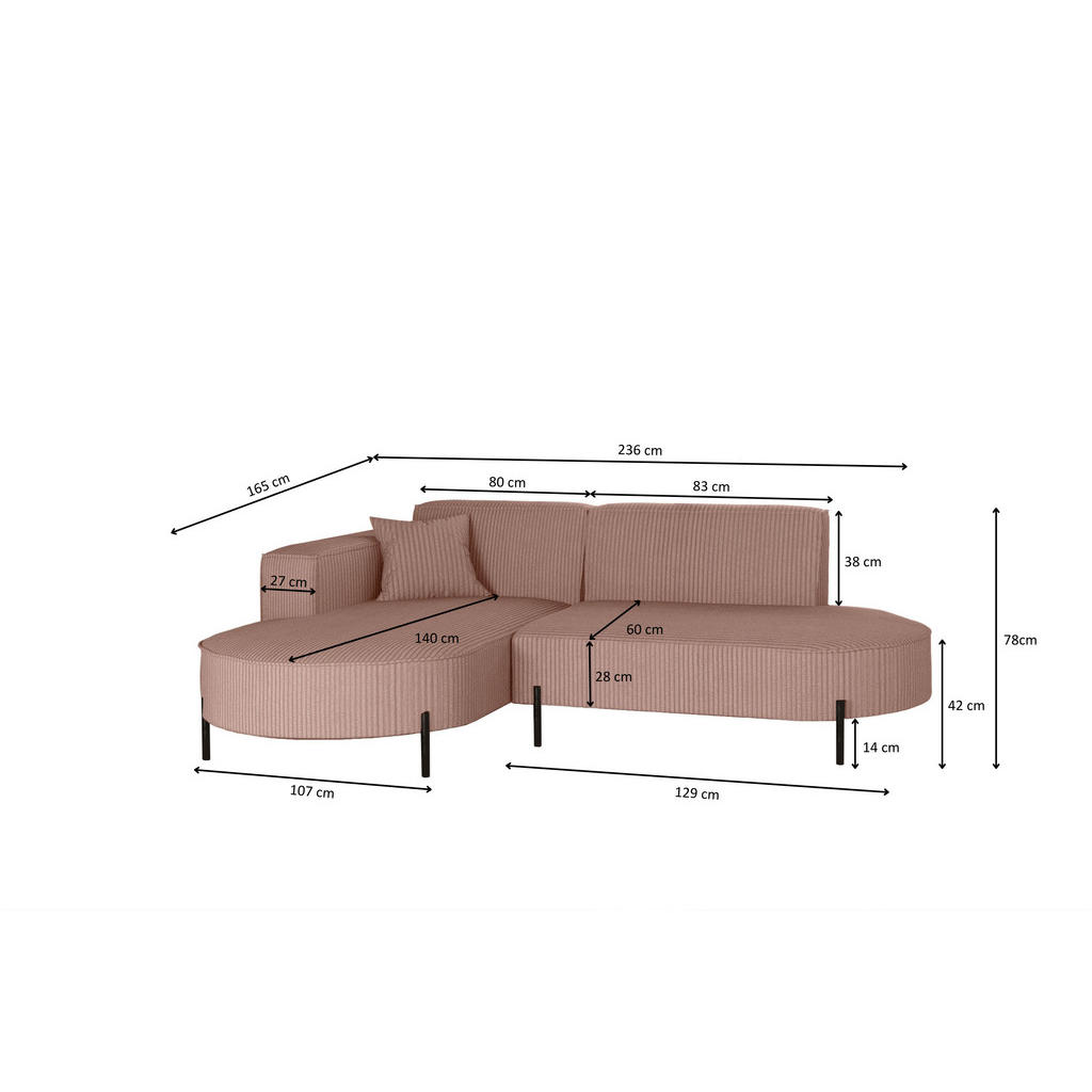 Thumbnail - Kaiser Möbel Ecksofa, Rosa, Holzwerkstoff, L-Form, 236x165 cm, Wohnzimmer, Sofas & Couches, Wohnlandschaften, Ecksofas